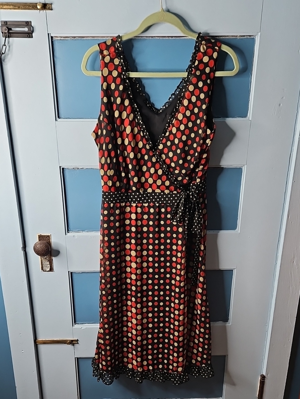 Lane Bryant Polka Dot Wrap Dress - Black with Red & Creamish Tan Dots 14